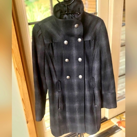 Black Rivet Button-up Collar Wool Long Slv Sz. L Coat Jacket - Picture 1 of 10